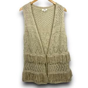 Umgee Shaggy Fringe Boho Crochet Knit Open Vest Sleeveless Cardigan Tan Medium